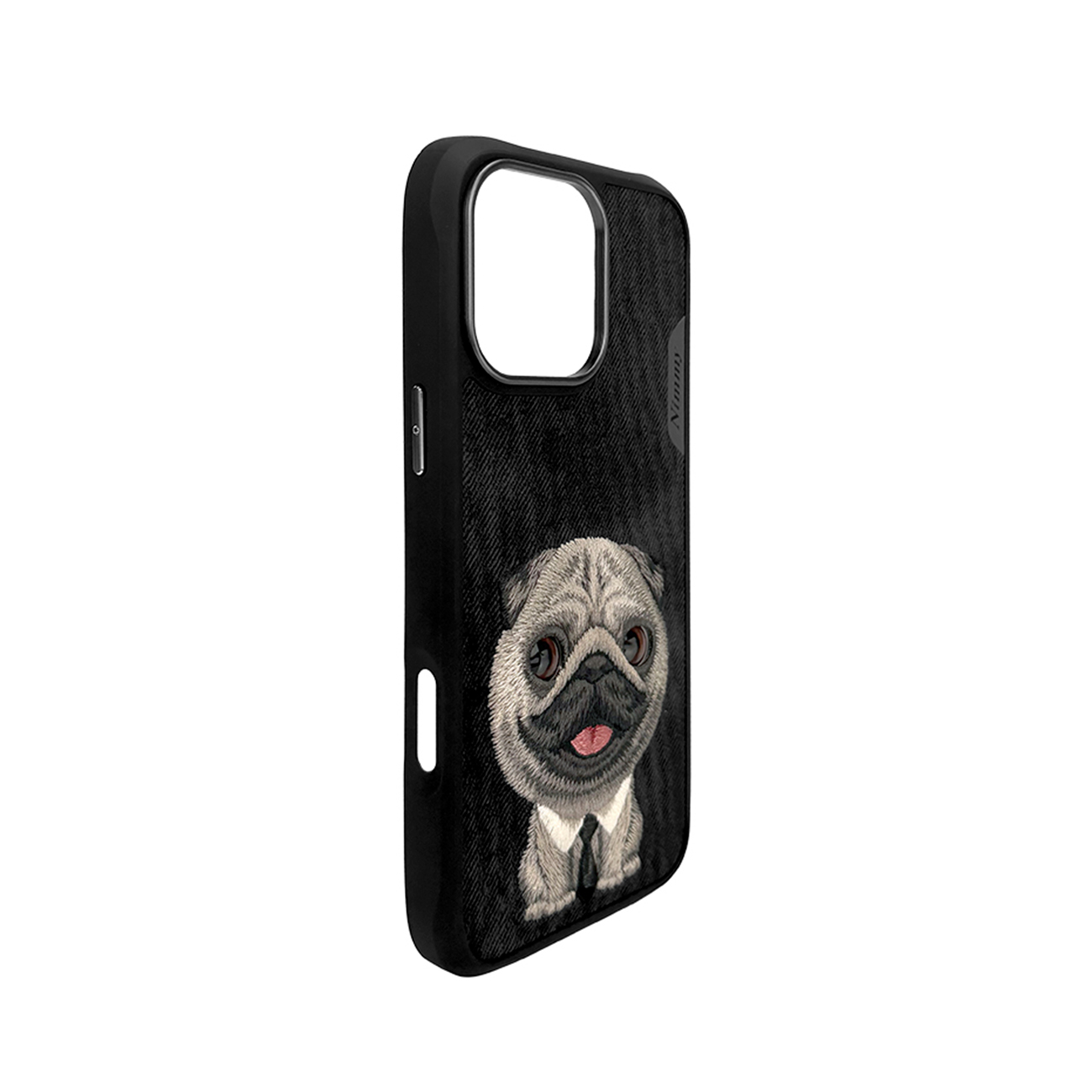 Funda negra para teléfono con un pug bordado con traje sobre tela vaquera.
