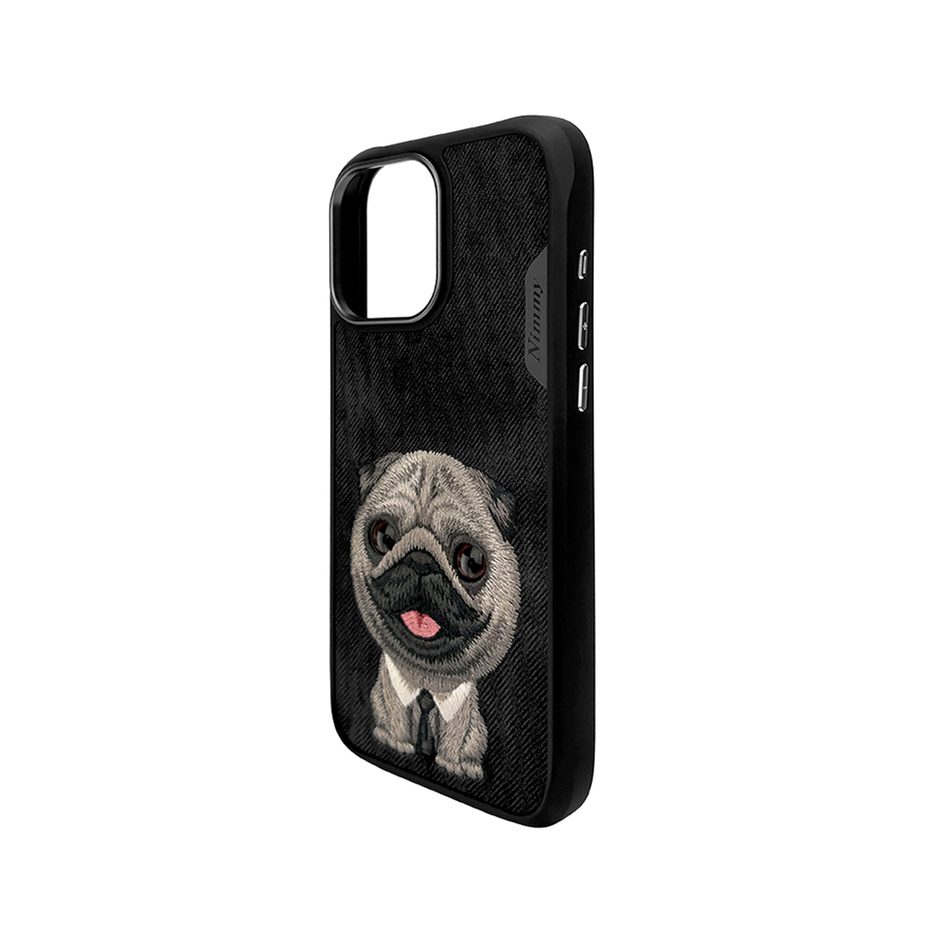 Funda de teléfono negra con un pug bordado con cuello blanco.