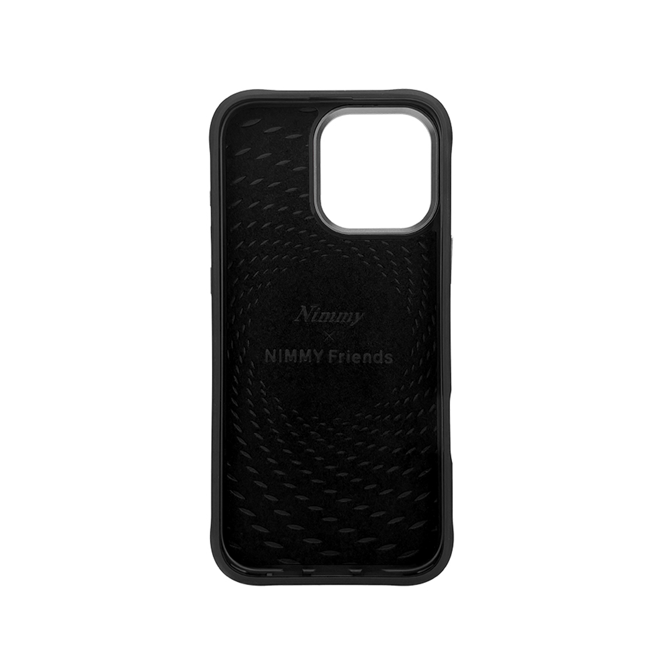 Funda de móvil negra con interior texturizado y logotipo de marca.