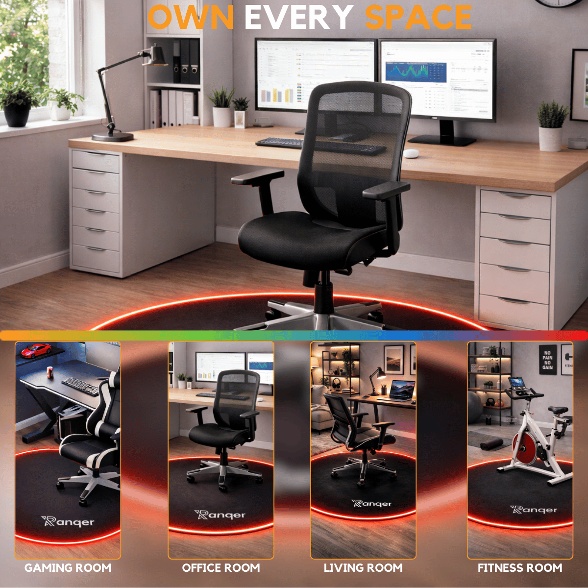 Ein schwarzer Bürostuhl auf einer Matte mit rotem LED-Ring, davor verschiedene Zimmer wie Gaming- und Fitnessraum.