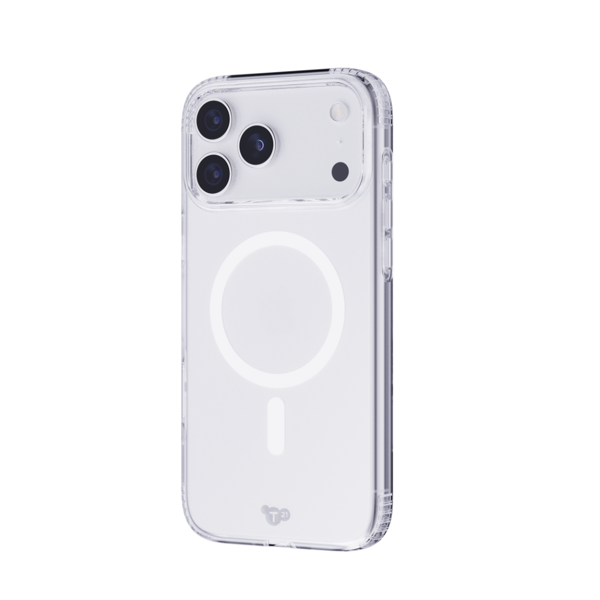 Ein Smartphone in einer klaren Schutzhülle mit magnetischem Ladering auf der Rückseite vor schwarzem Hintergrund.