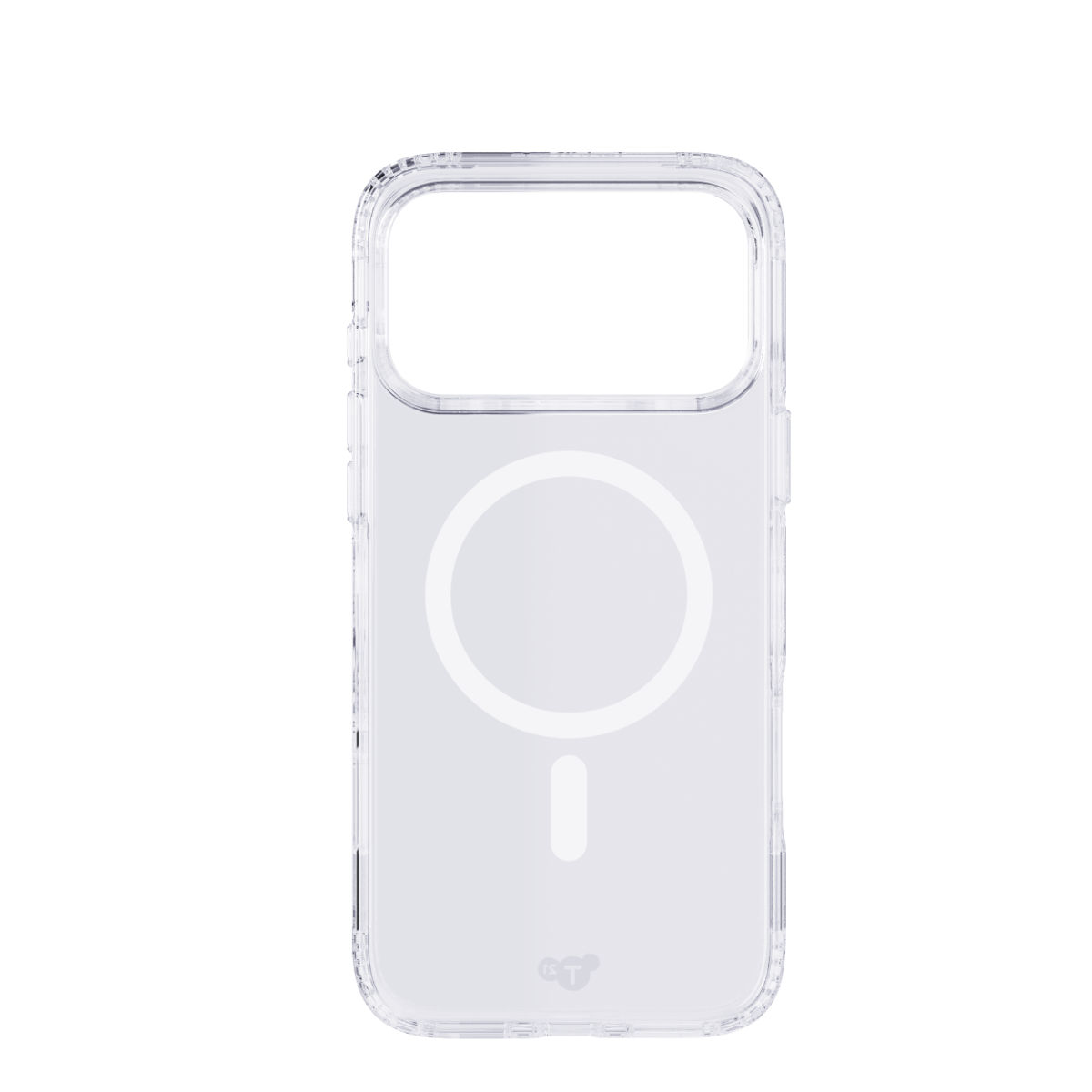 Transparente Handyhülle mit MagSafe-Ring auf der Rückseite vor schwarzem Hintergrund.