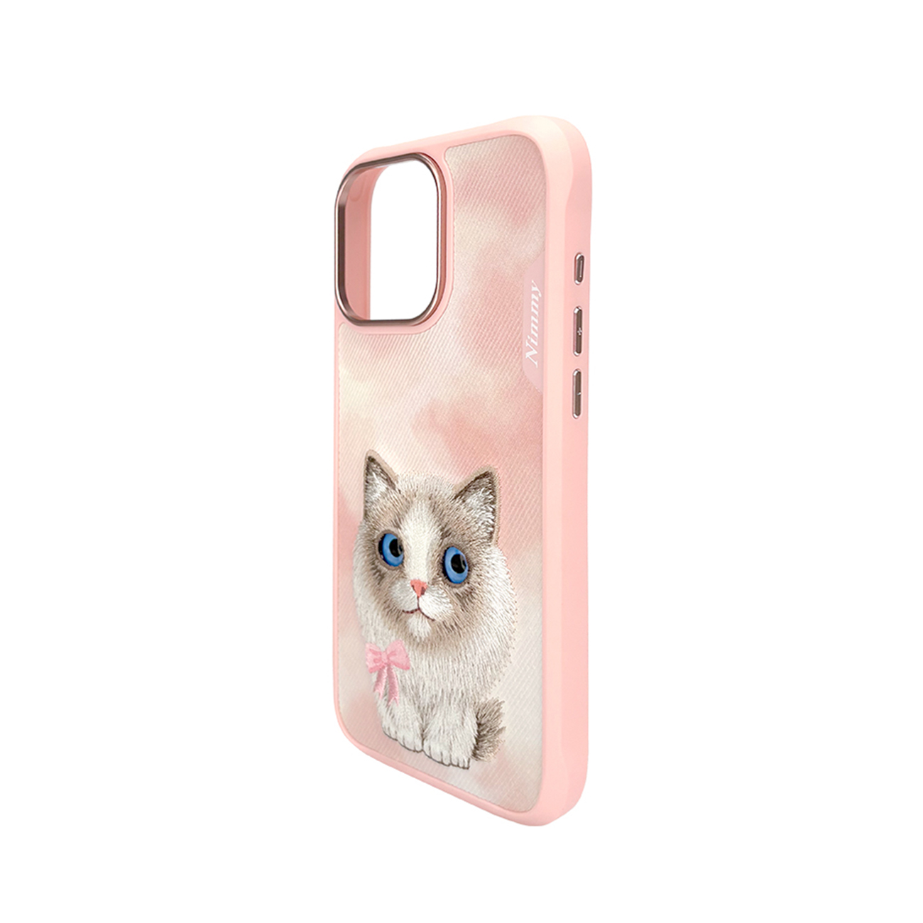 Funda de teléfono rosa con un gato esponjoso bordado de ojos azules en la parte trasera.