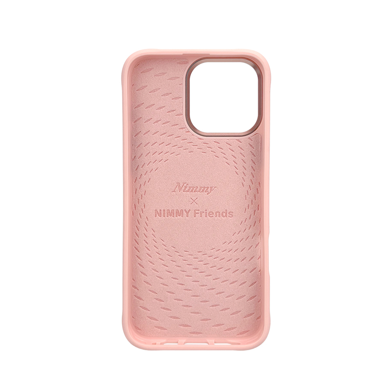 Interior de funda rosa para teléfono con patrón texturizado y texto Nimmy Friends.