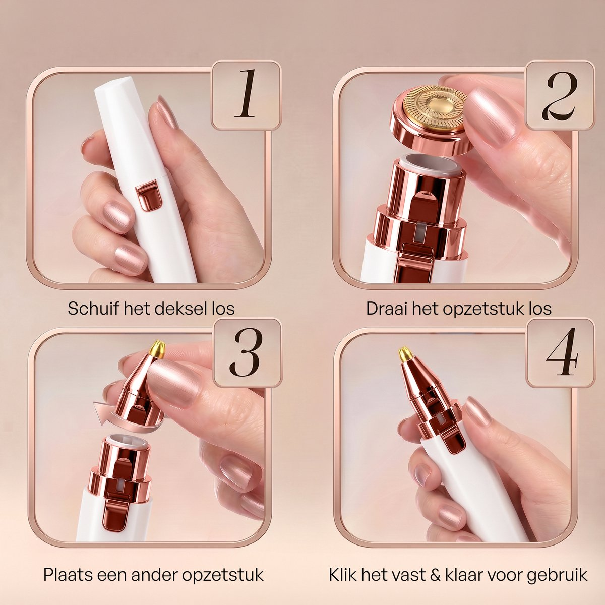 Four steps showing how to change the attachments of a facial hair remover.