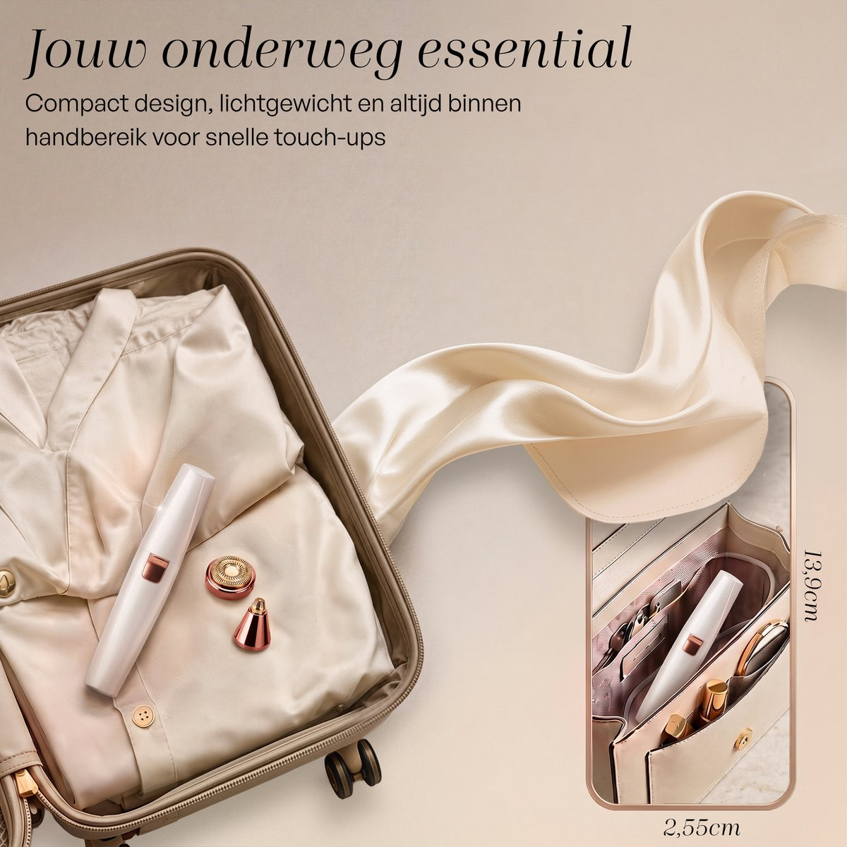 Compact white and gold epilator in an open suitcase with satin clothing and a small handbag inset.
