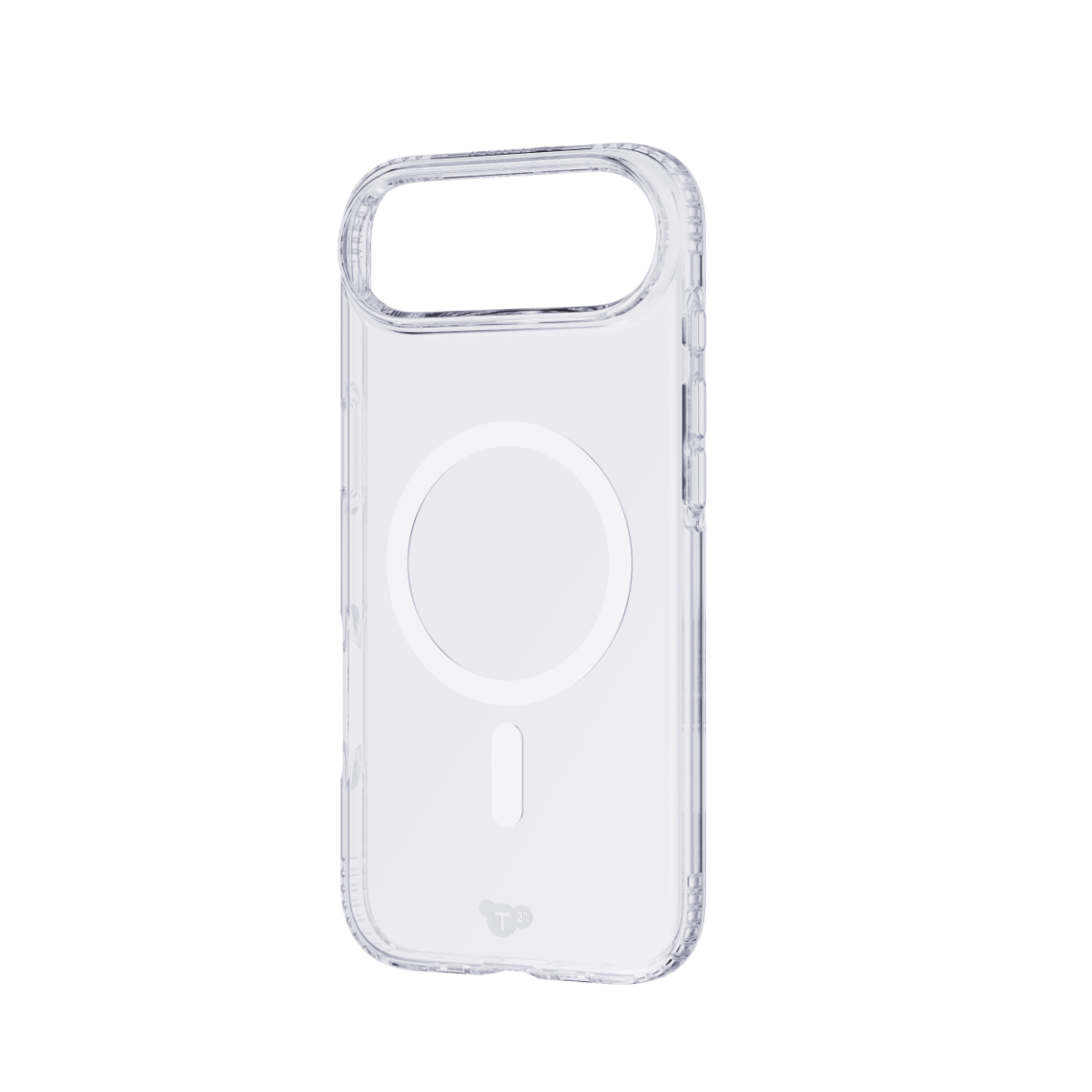 Transparente Handyhülle mit integriertem MagSafe-Ring und Aussparung oben auf schwarzem Hintergrund.