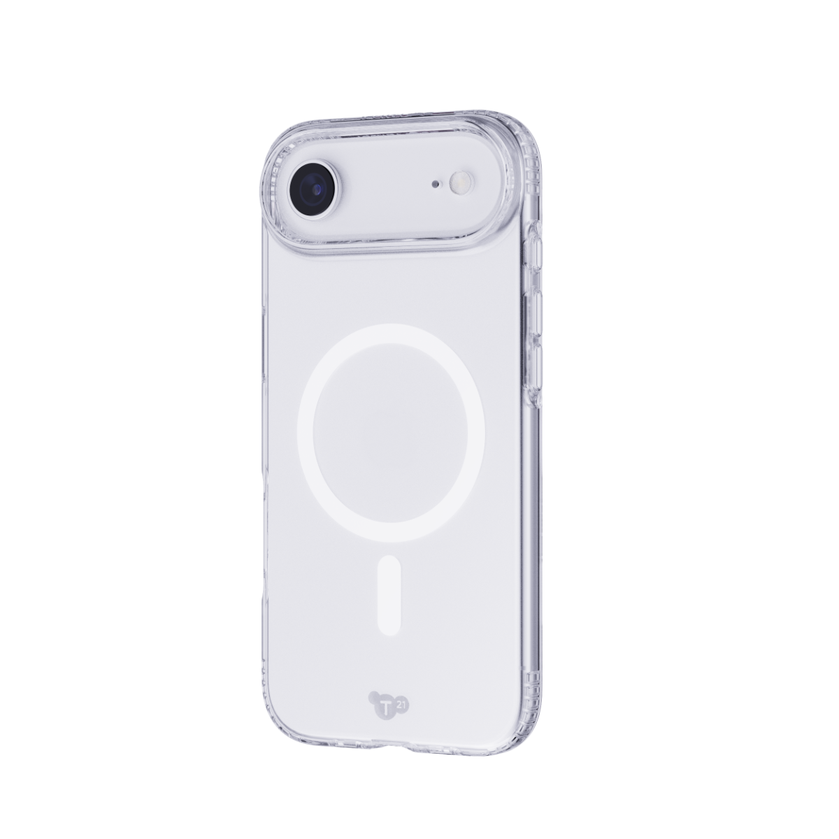 Eine transparente Smartphone-Hülle mit einem kreisförmigen MagSafe-Ring auf der Rückseite, vor schwarzem Hintergrund.