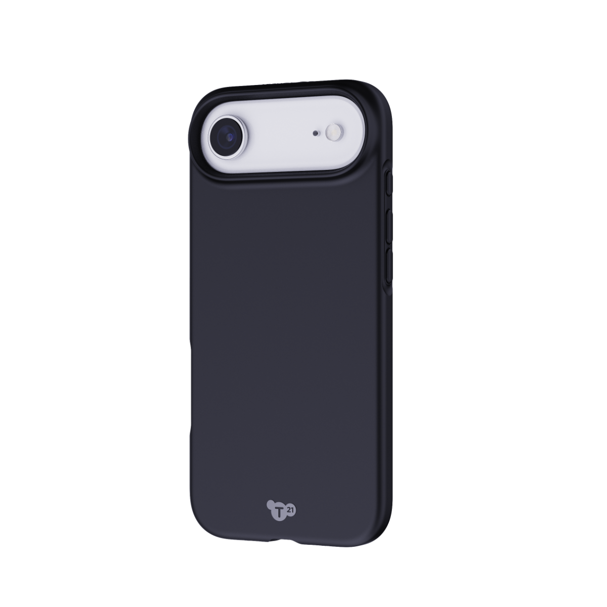 Ein schwarzes Smartphone mit weißem Kameramodul und T21-Logo auf der Rückseite, vor schwarzem Hintergrund.