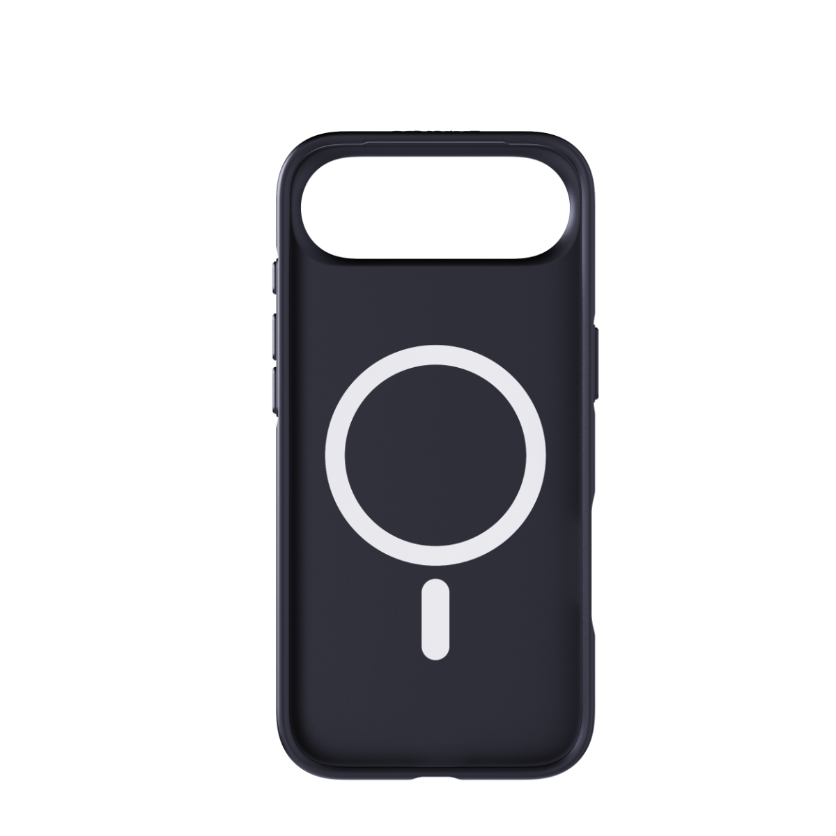 Eine schwarze Smartphone-Hülle mit weißem MagSafe-Ring und Ausrichtungslinie auf schwarzem Hintergrund.