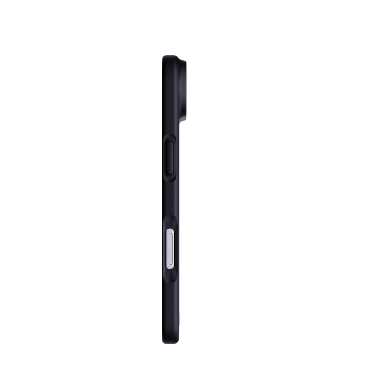 Seitenansicht eines schwarzen Smartphones mit Tasten und Kameraerhebung vor schwarzem Hintergrund.
