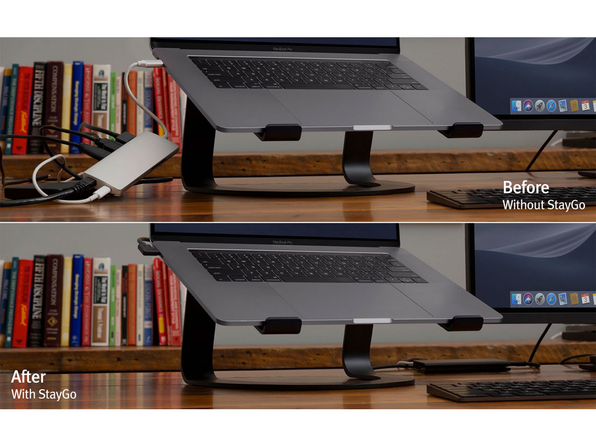 Vergleichsbilder eines Schreibtisches mit Laptop-Ständer: Vorher mit Kabelsalat, Nachher mit aufgeräumten Kabeln.