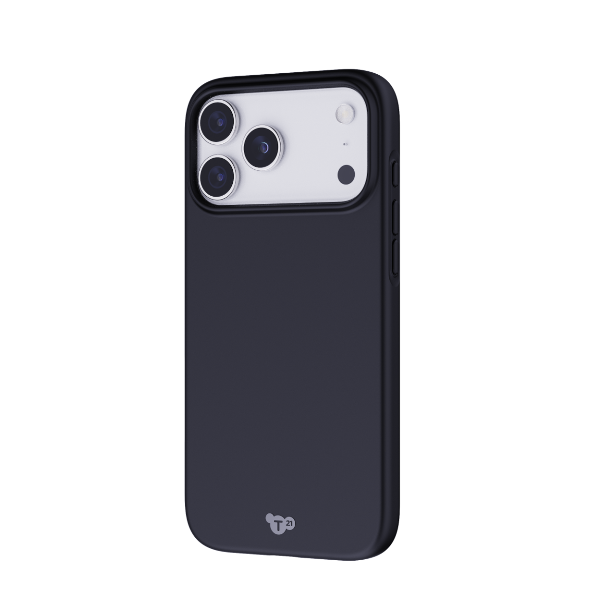 Ein schwarzes Smartphone in einer schwarzen Hülle mit einer weißen Kamerainsel auf schwarzem Hintergrund.