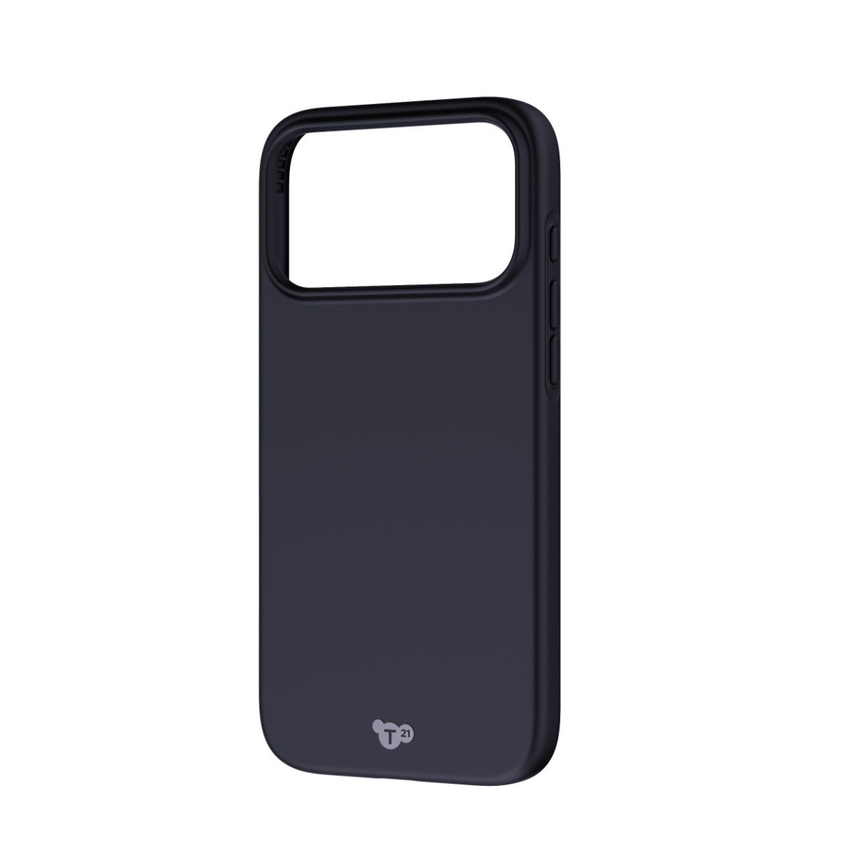 Eine schwarze Smartphone-Hülle mit speziellem Kameraausschnitt oben und einem kleinen T21-Logo.