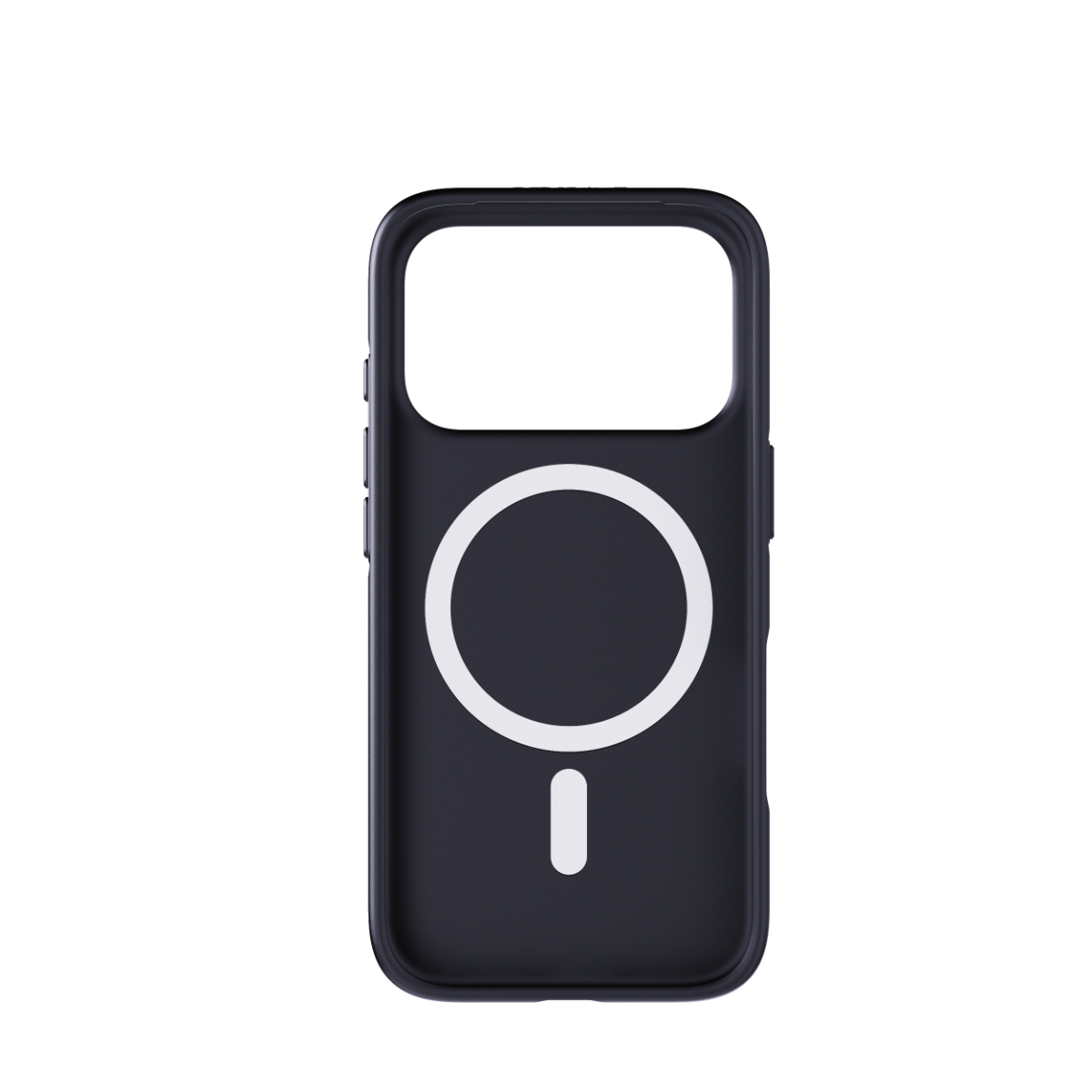 Eine schwarze Smartphone-Hülle mit einem weißen MagSafe-Ring und einem kleinen Symbol darunter auf schwarzem Hintergrund.
