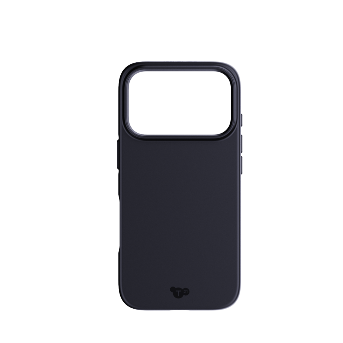 Eine schwarze Smartphone-Hülle mit einem großen rechteckigen Ausschnitt oben und einem kleinen Logo unten.