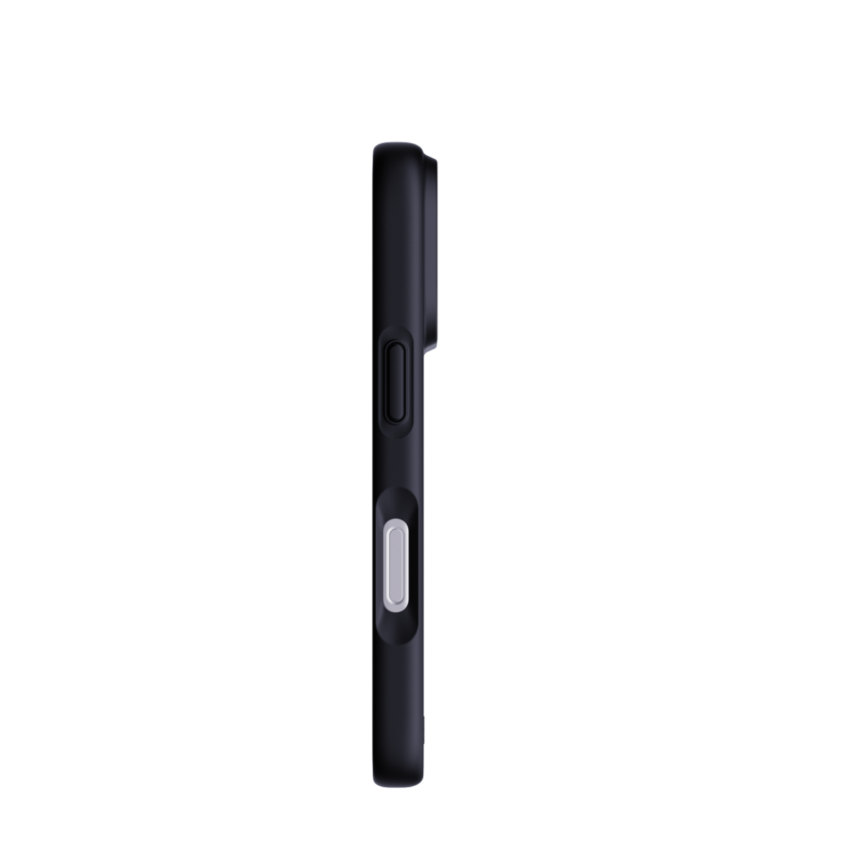 Seitenansicht eines schwarzen Smartphones mit Tasten vor dunklem Hintergrund.