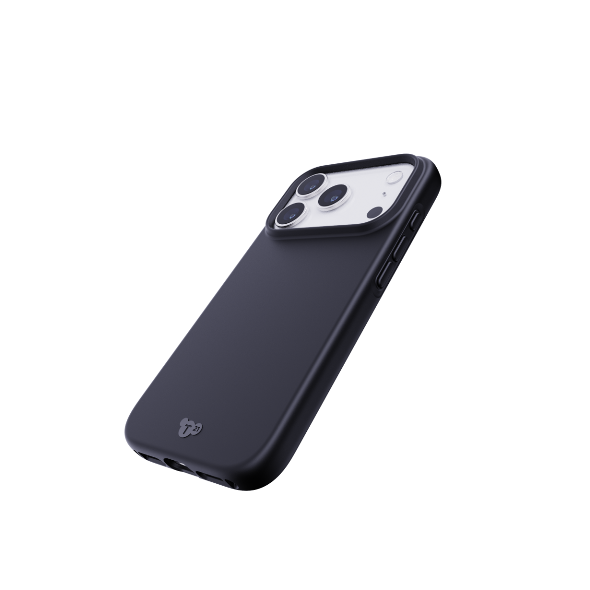 Ein schwarzes Smartphone in Schutzhülle vor schwarzem Hintergrund mit dreifacher Kamera.