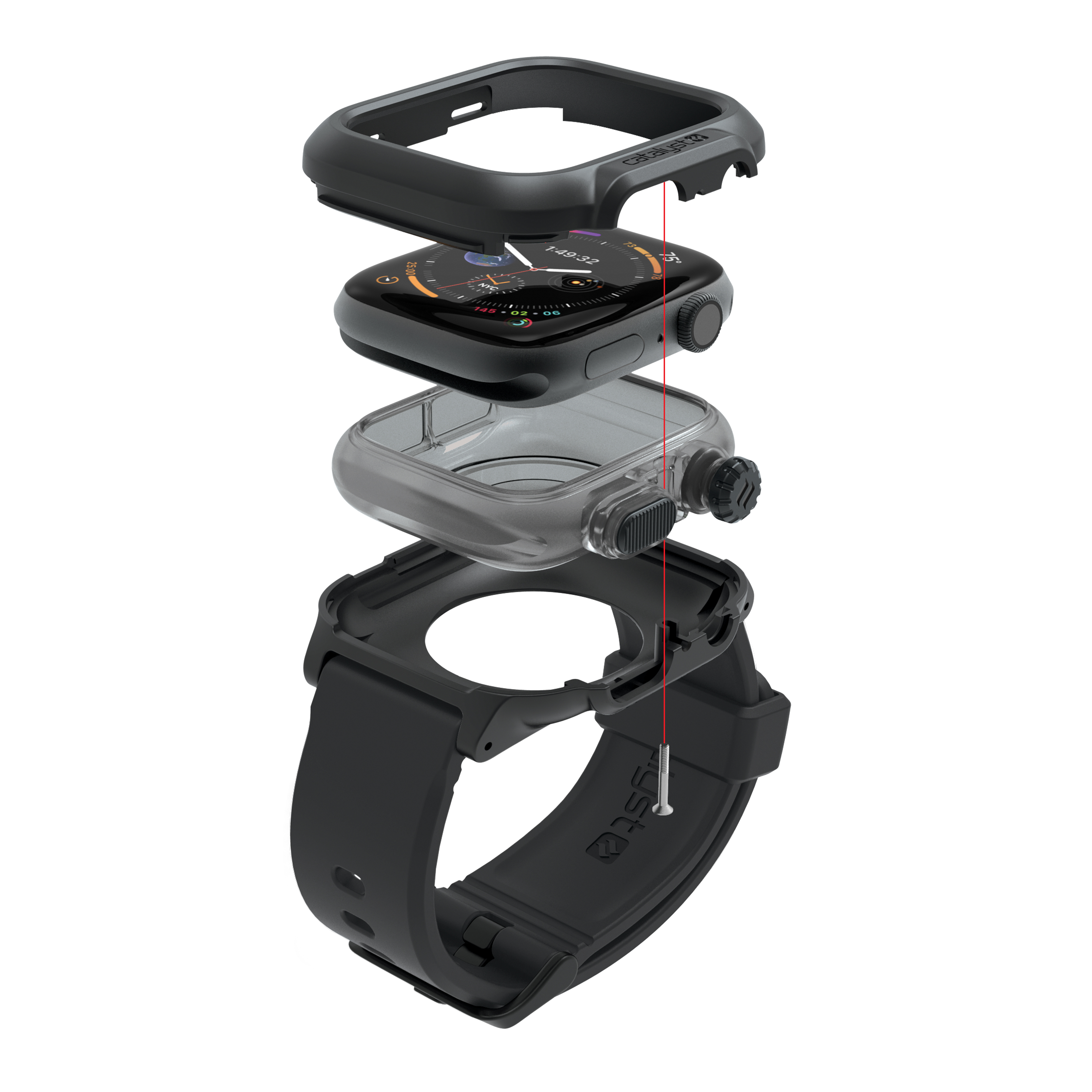 Explosionsdarstellung einer Smartwatch mit einem schwarzen Schutzgehäuse, einer Silikonhülle und einem Armband.