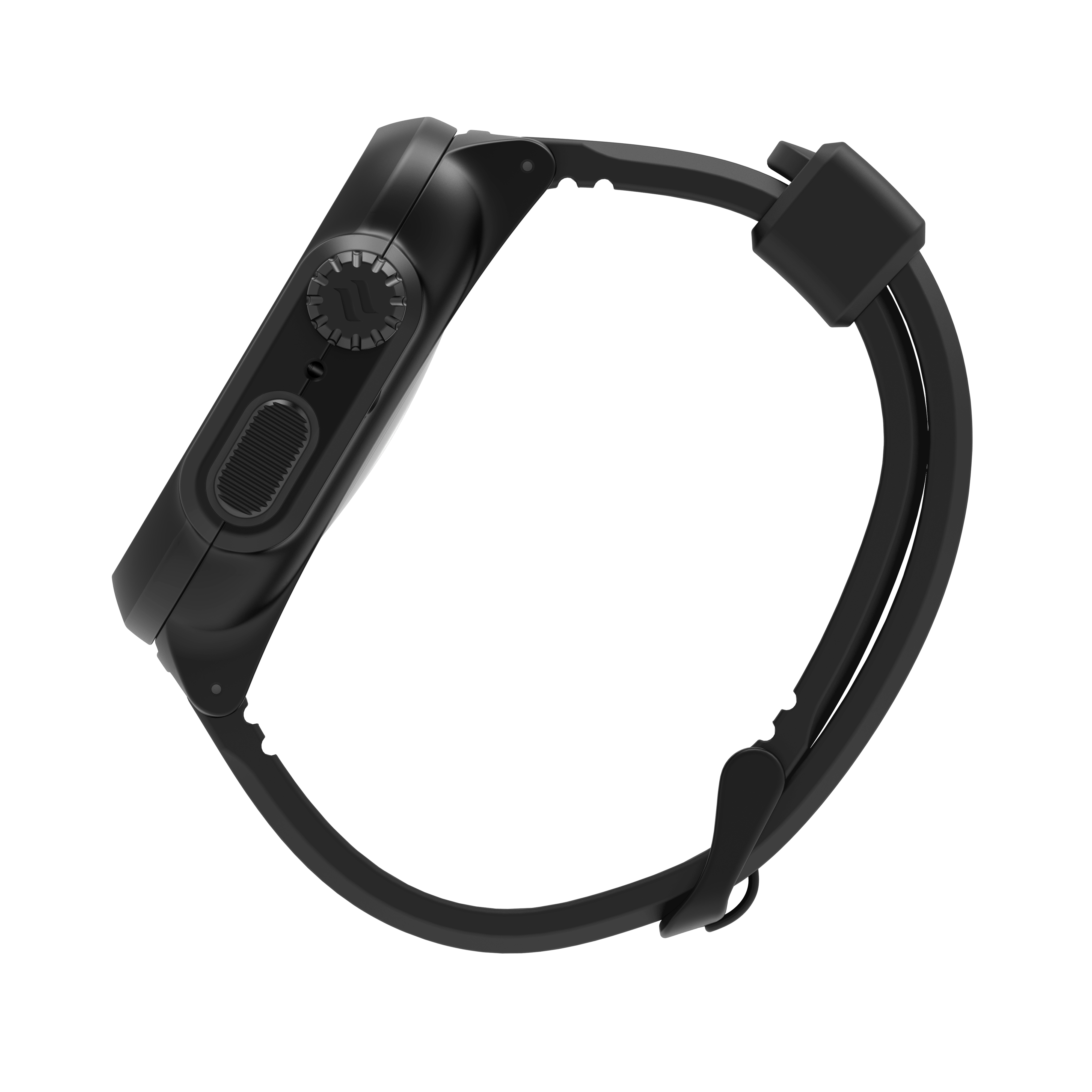 Eine schwarze Sportuhr mit digitalem Zifferblatt und einem strapazierfähigen Armband vor weißem Hintergrund.