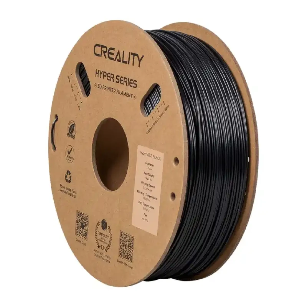 Una bobina di cartone riempita con filamento nero per stampante 3D ABS Creality Hyper Series.