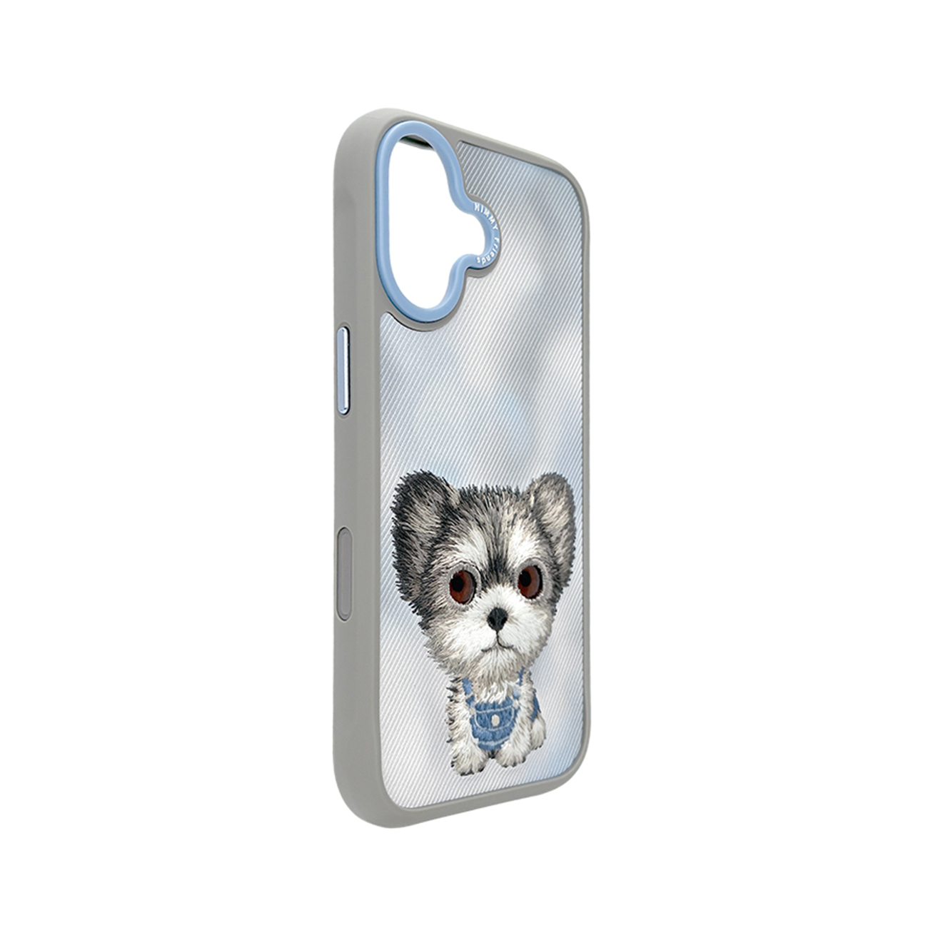 Una funda de móvil gris con recorte para cámara azul y un lindo perro ilustrado con peto.