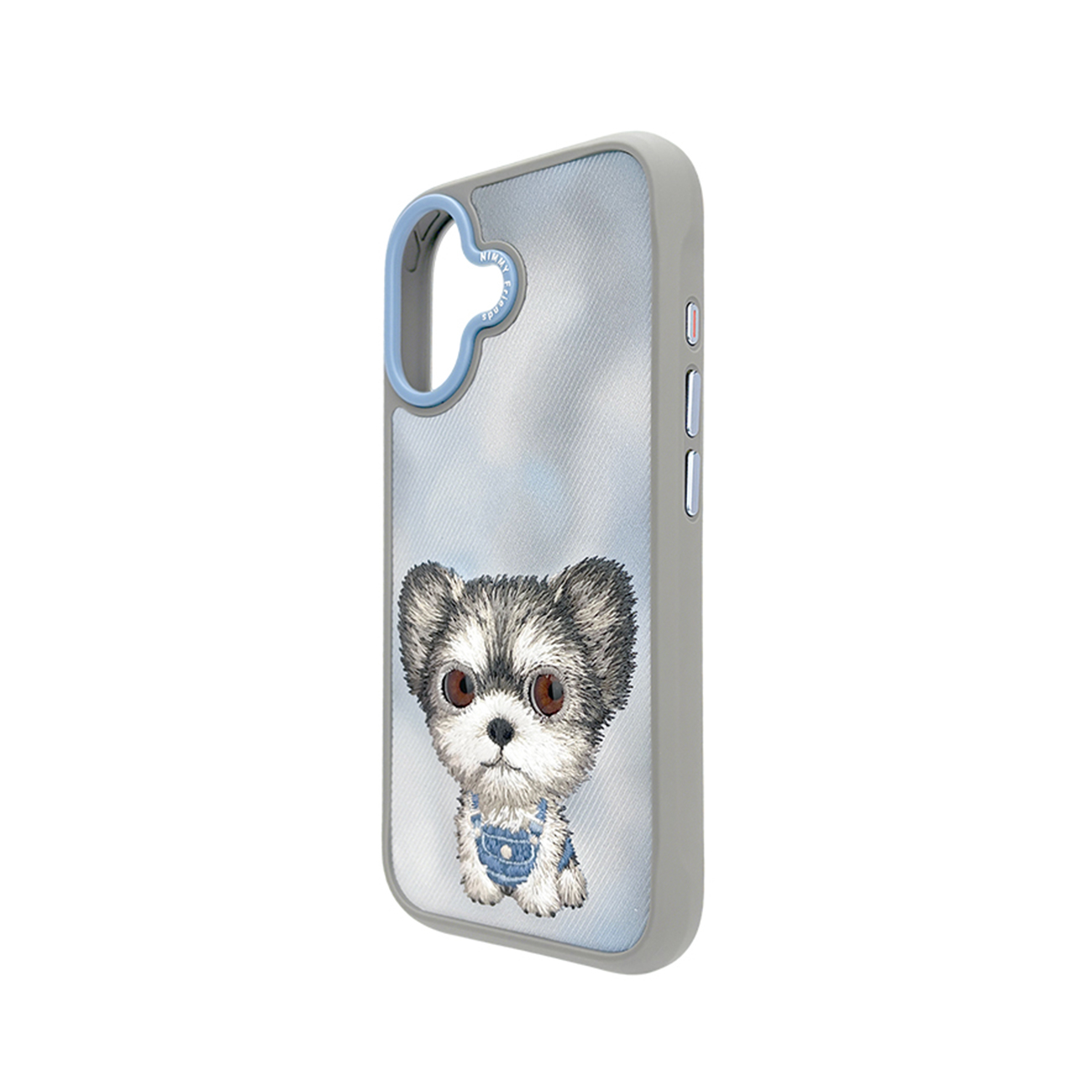 Funda de teléfono gris con recorte de cámara azul y la ilustración de un perro pequeño con peto azul.