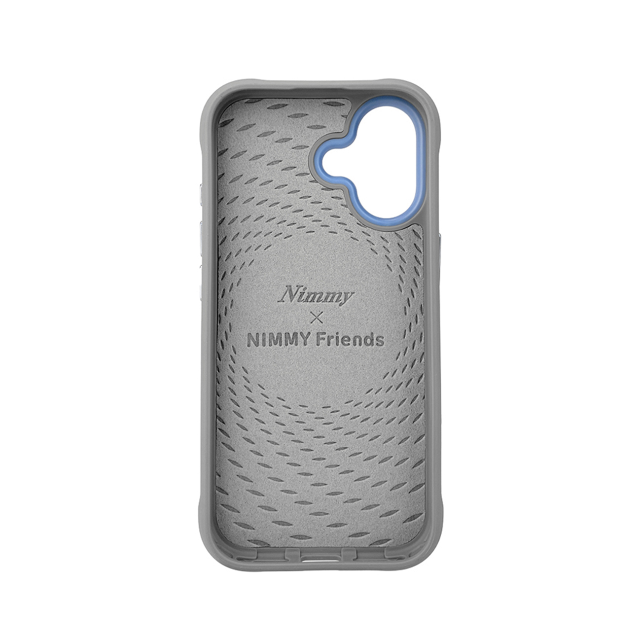 Vista interior de una funda de móvil gris con dorso estampado, texto Nimmy x NIMMY Friends y recorte de cámara azul.