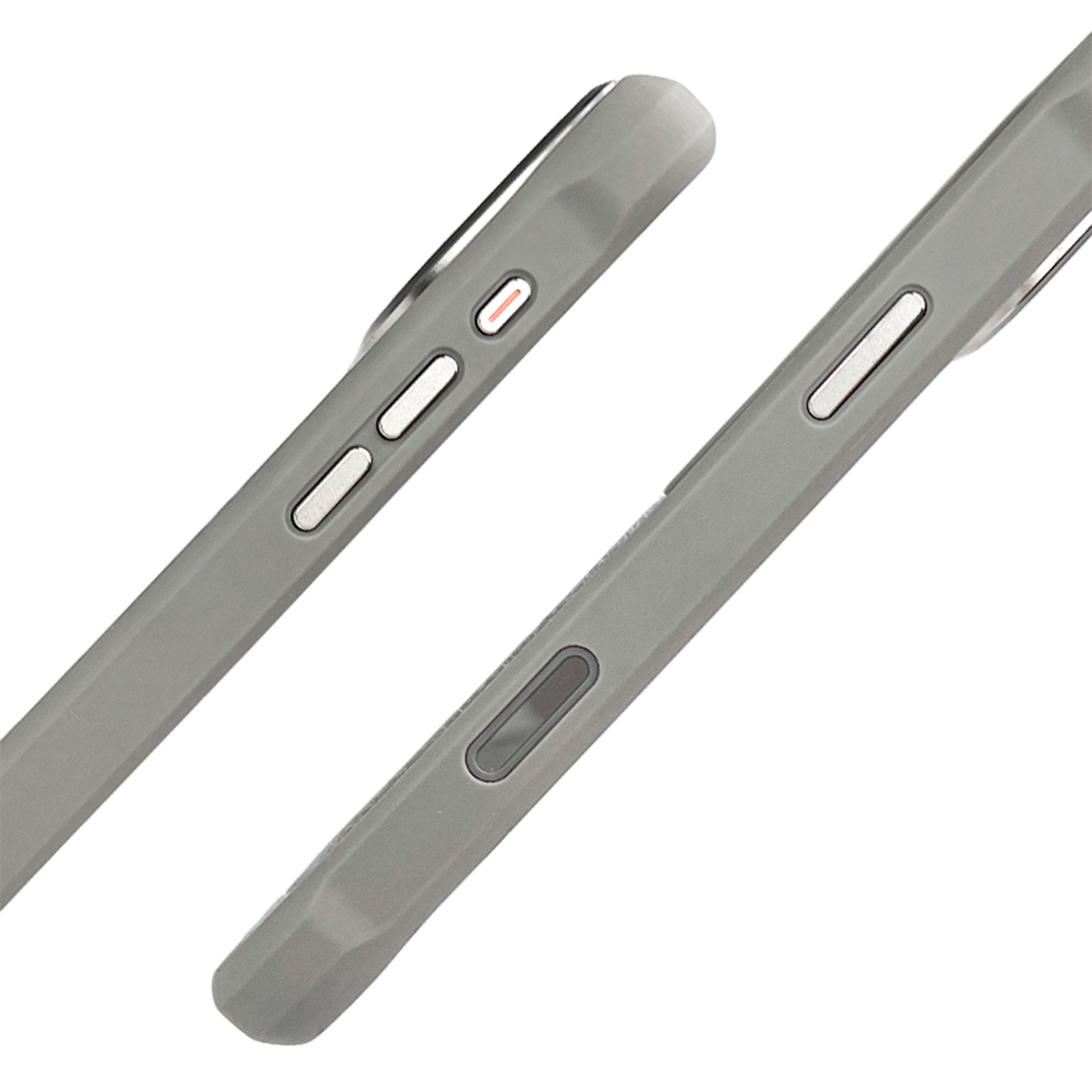 Vista lateral de una funda de smartphone gris con botones plateados sobre fondo blanco.