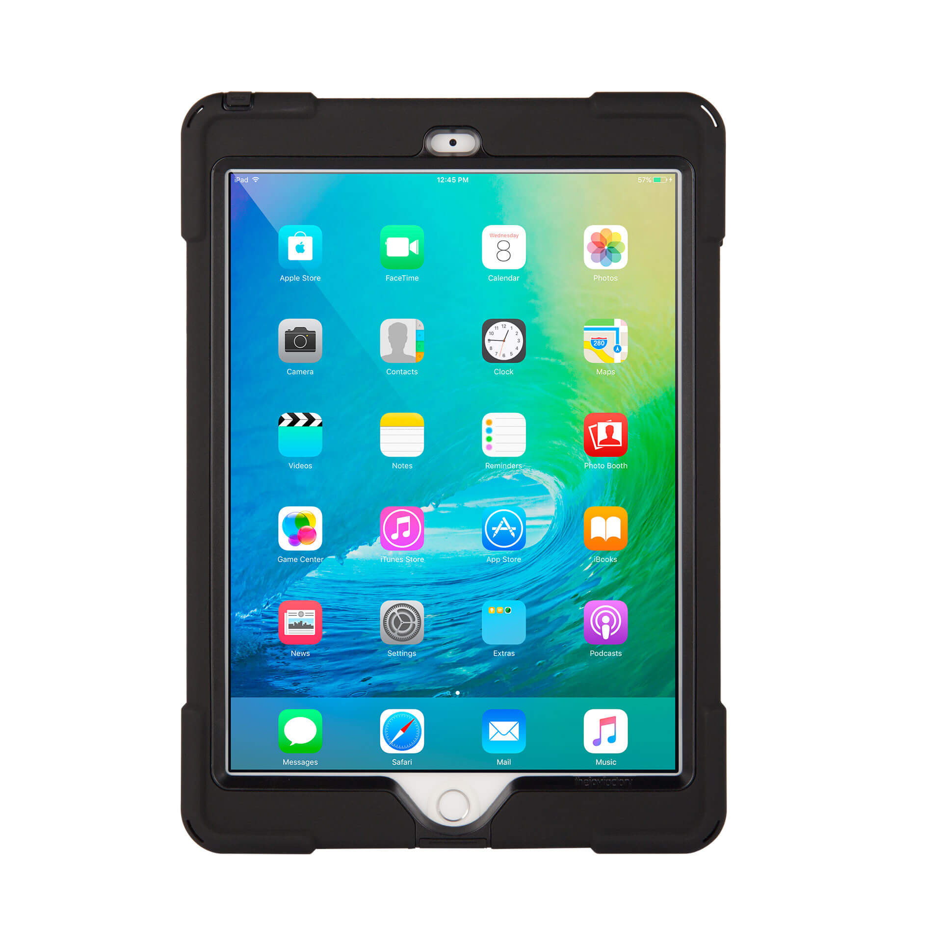 Ein schwarzes Schutzcase umschließt ein iPad mit farbigem Startbildschirm und App-Symbolen vor Wellenhintergrund.