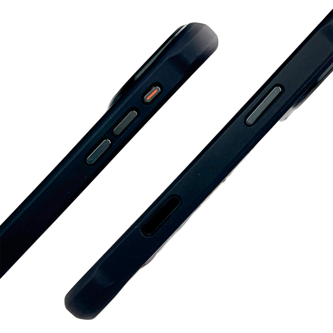 Primer plano del lateral de un smartphone negro con botones de volumen y puerto de carga sobre fondo blanco.
