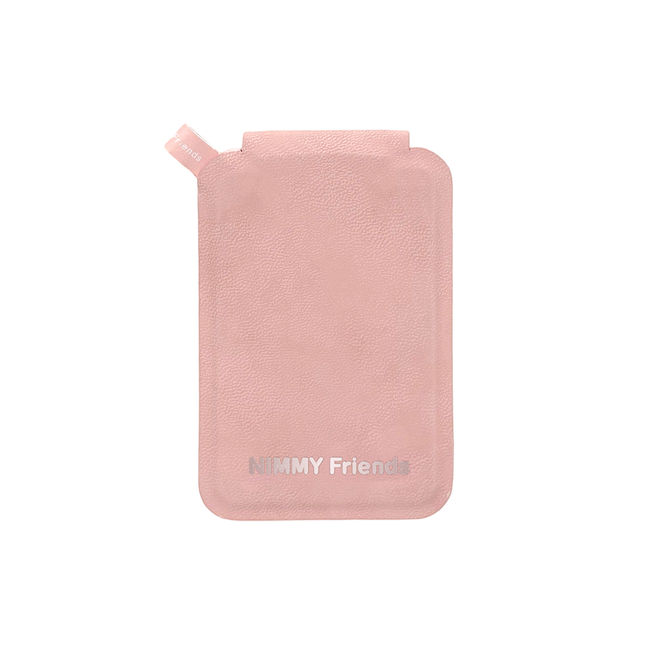 Un tarjetero de cuero rosa con el texto 'NIMMY Friends' y una pequeña lengüeta arriba a la izquierda.