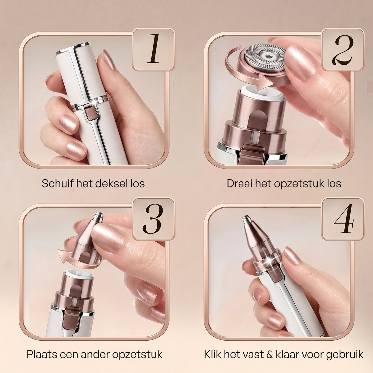 Four-step guide on how to change the attachment head of a white and rose gold portable hair remover device.