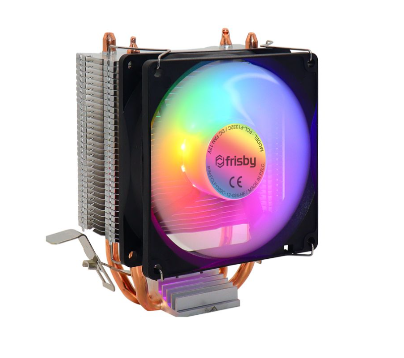 Beyaz arka planda gümüş yapraklar, bakır ısı boruları ve aydınlatmalı RGB fana sahip işlemci soğutucusu.