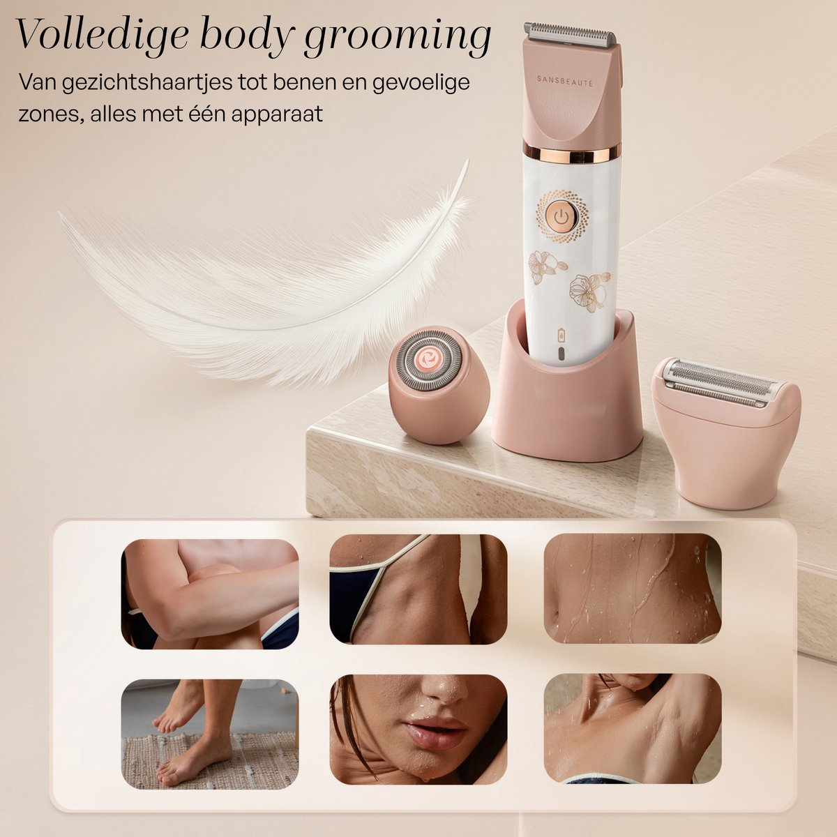 Roze en witte bodygroomer met accessoires en voorbeelden.