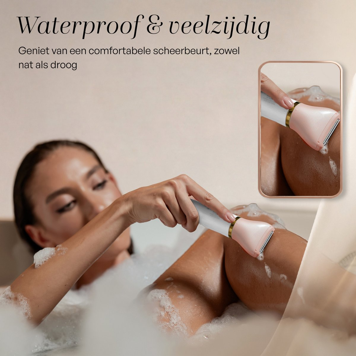 Une femme se rase la jambe dans un bain moussant avec un rasoir rose.