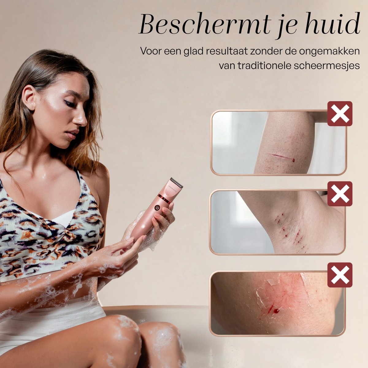 A woman holds a rose gold shaver. On the right, three images show razor cuts and skin irritation on skin.