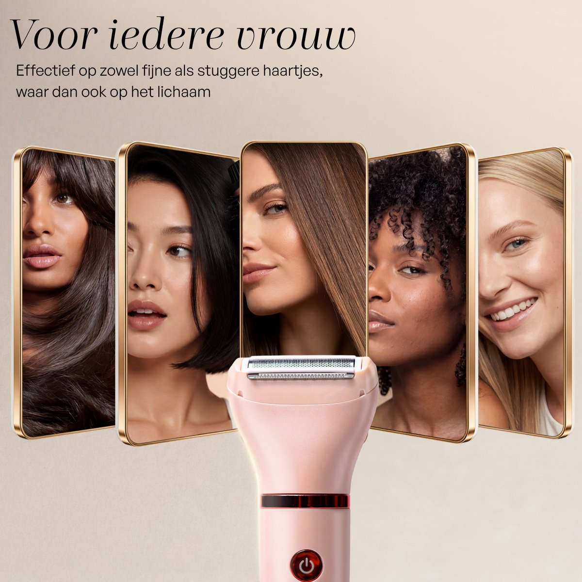 A pink shaver in front of five smartphones displaying the faces of diverse women with different hair types.