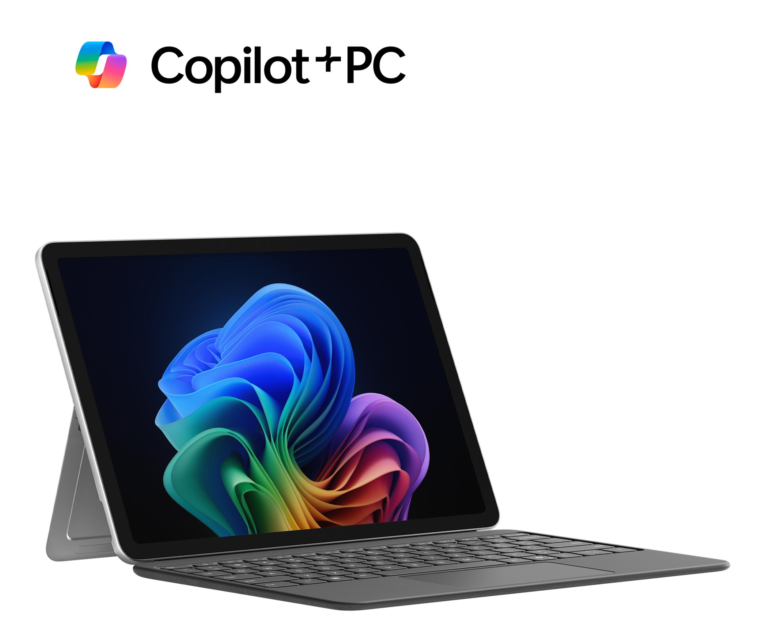 Een Copilot+ PC-tablet met toetsenbord en kleurrijk scherm op een witte achtergrond.