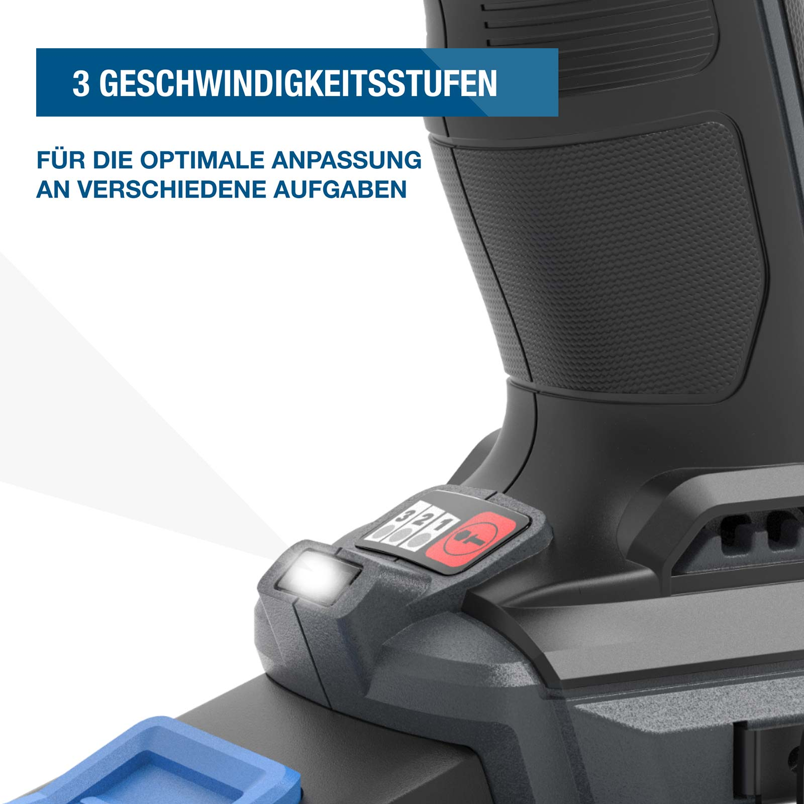 Nahaufnahme eines Akkuschraubers mit 3 Geschwindigkeitsstufen und LED-Licht.
