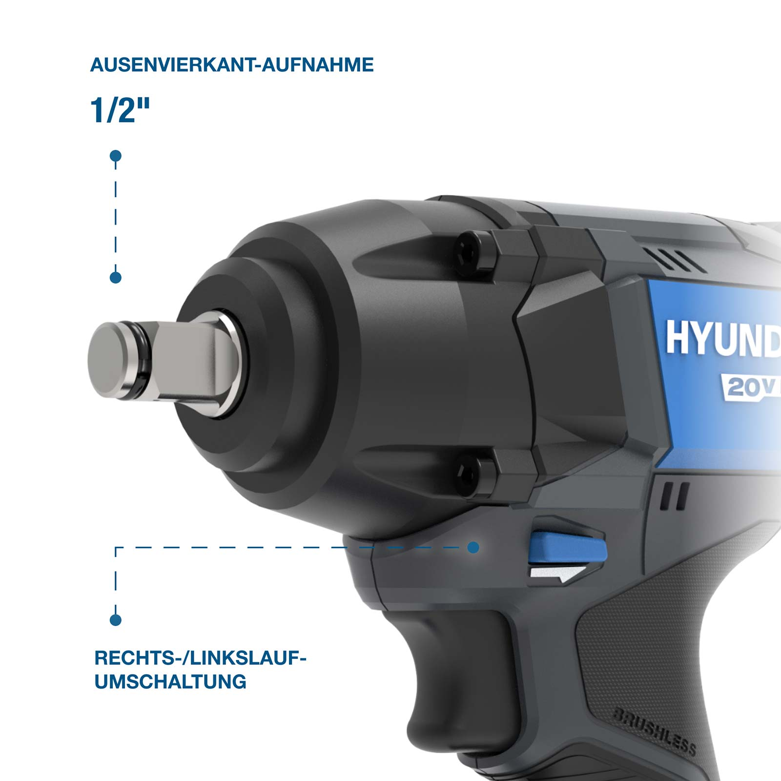 Nahaufnahme eines blauen und schwarzen Hyundai-Akkuschraubers mit 1/2-Zoll-Vierkantaufnahme und Drehrichtungsumschaltung.