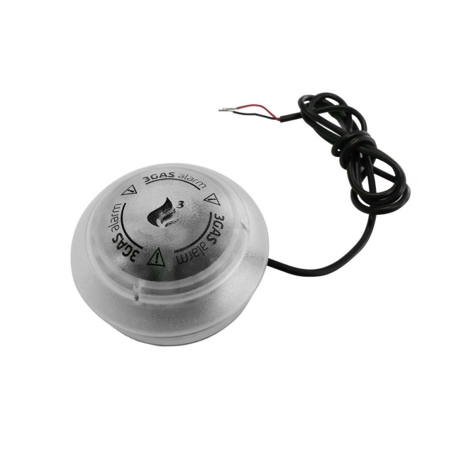 Silberner runder 3GAS alarm Sensor mit schwarzem Kabel auf weißem Hintergrund.