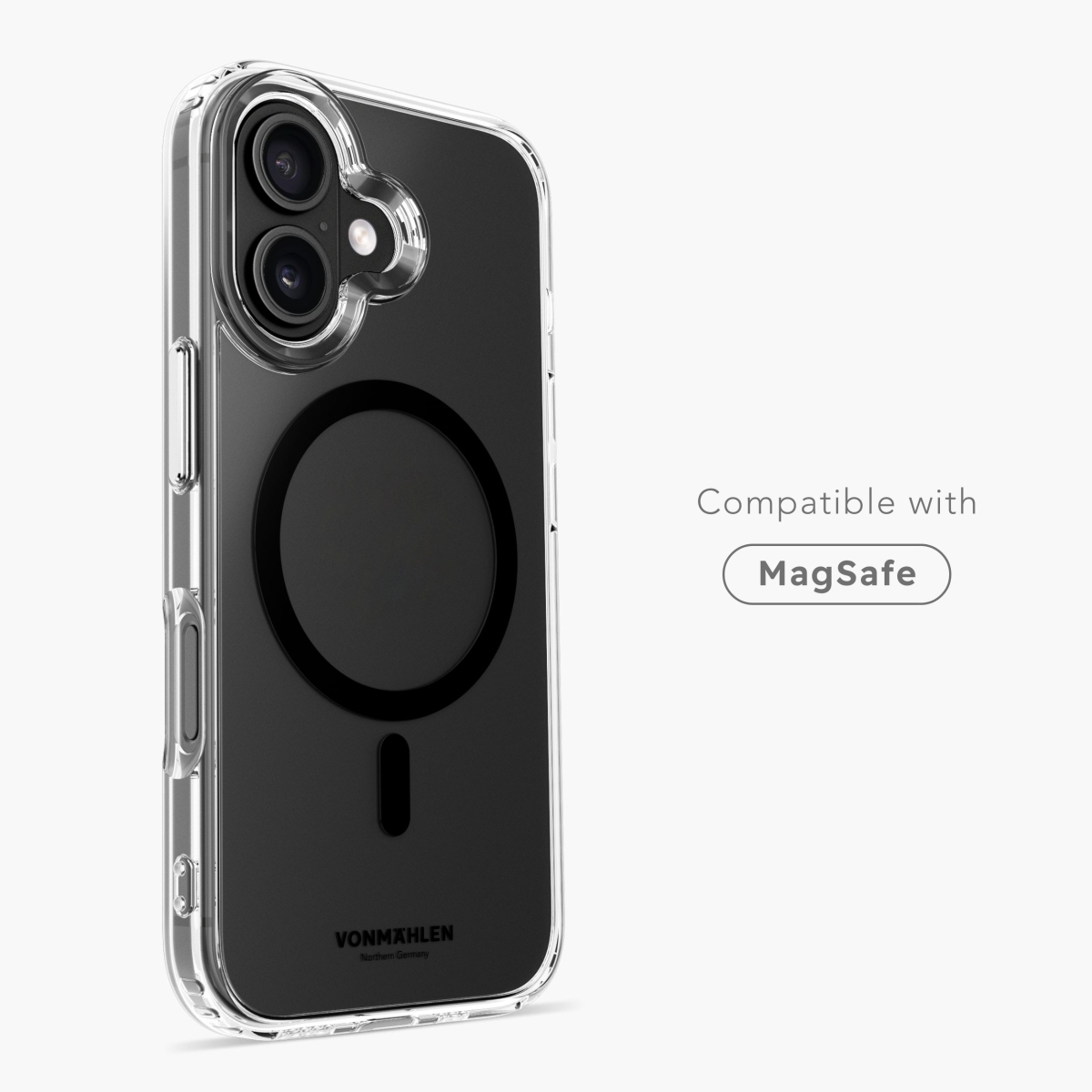 Transparente Smartphone-Hülle mit MagSafe-Kompatibilität und Doppelter Kamera auf weißem Hintergrund.