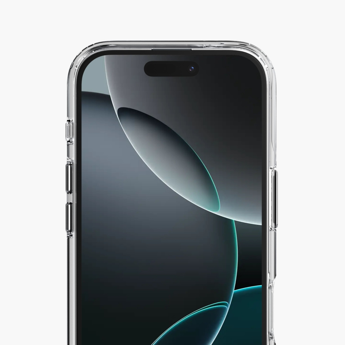 Ein Smartphone in einer klaren Schutzhülle mit dunklem Bildschirm und abstrakten Formen.