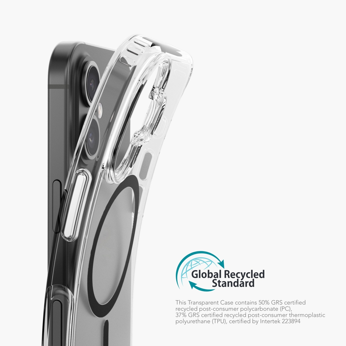 Transparente Schutzhülle auf schwarzem Smartphone mit Global Recycled Standard-Logo.