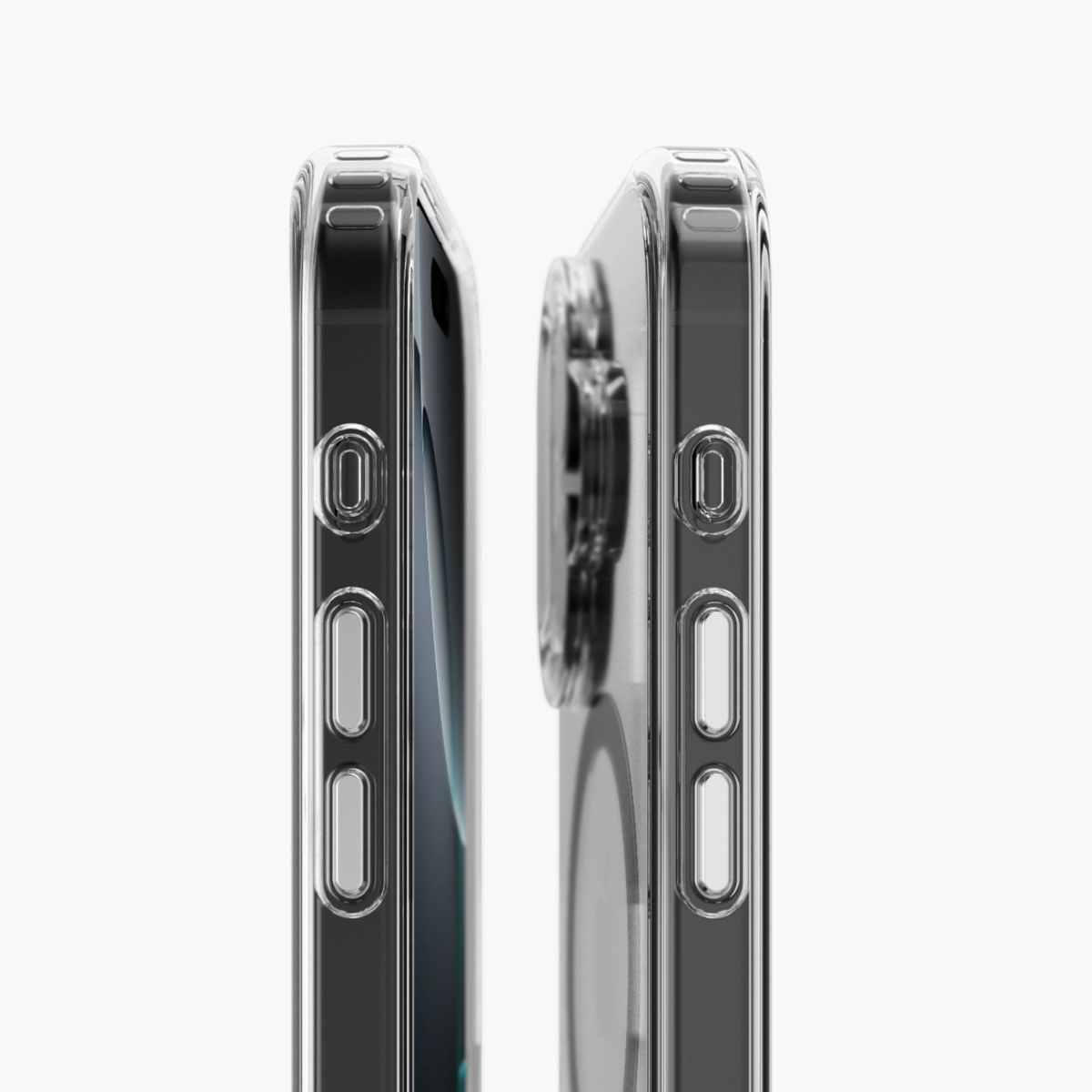 Seitenansicht zweier Smartphones in transparenten Hüllen auf weißem Hintergrund.