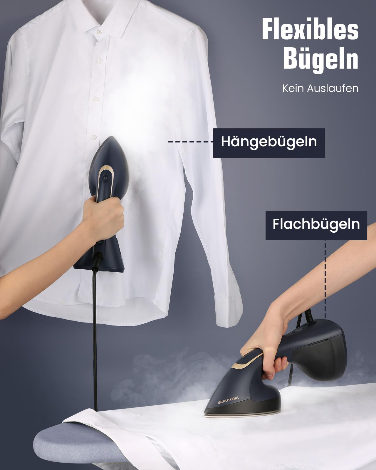 Un vaporizzatore blu scuro è mostrato in due modi: su camicia appesa e da stiro piatto.