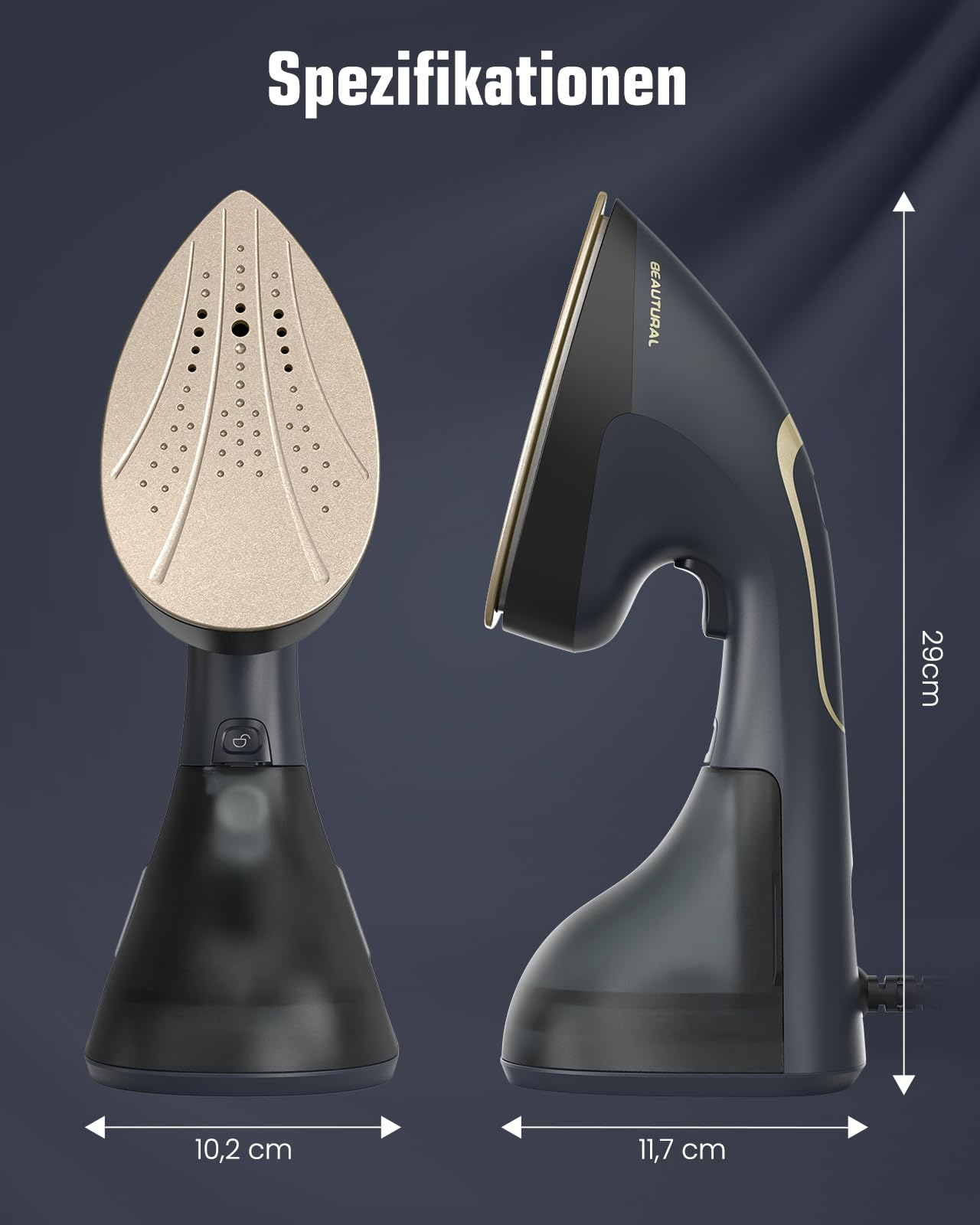 Stiratrice verticale portatile blu scuro con dettagli dorati e misure in cm su sfondo scuro.