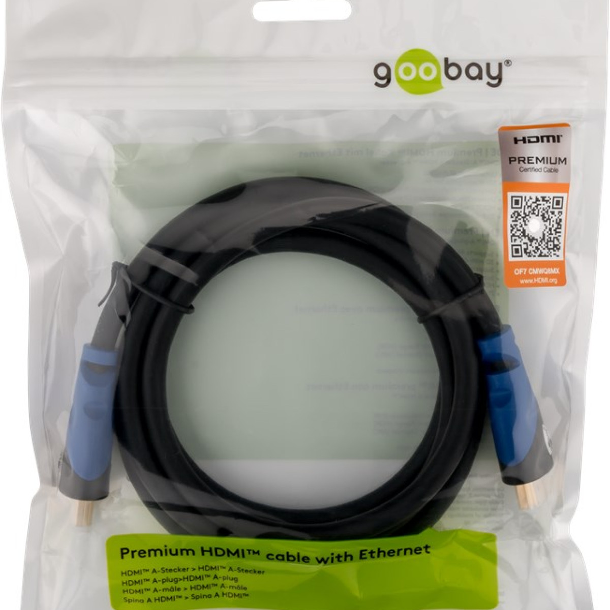 Goobay Premium HDMI-Kabel mit Ethernet, aufgerollt in transparenter Verpackung mit grünem Etikett.