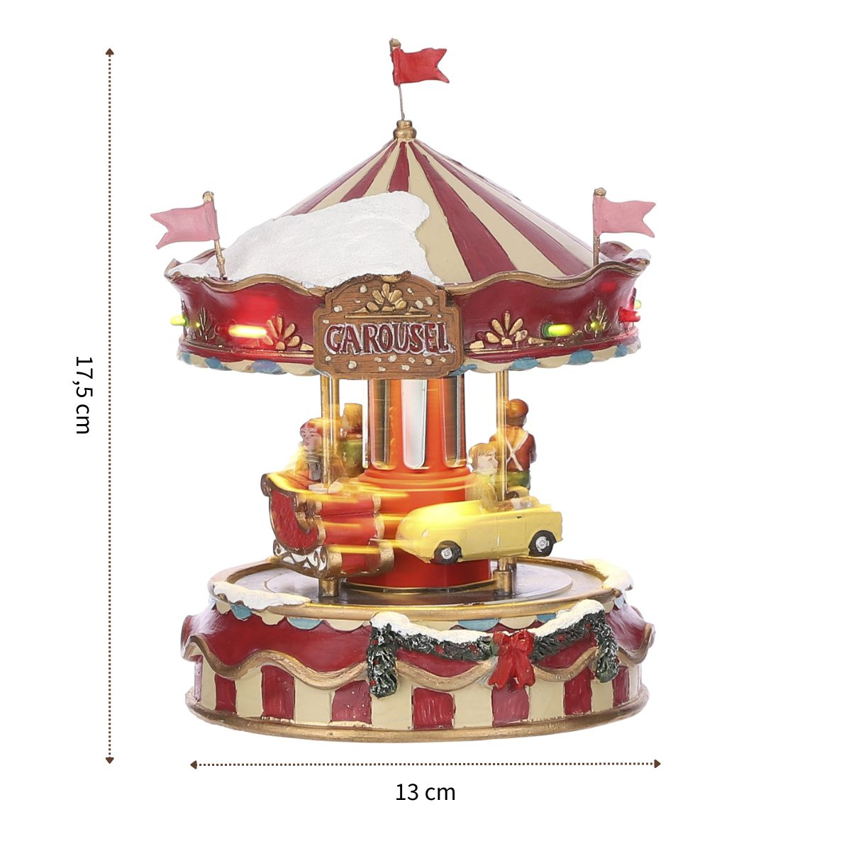 Een kleine rood-witte carrousel met sneeuw op het dak, lampjes en figuren, 17,5 cm hoog.